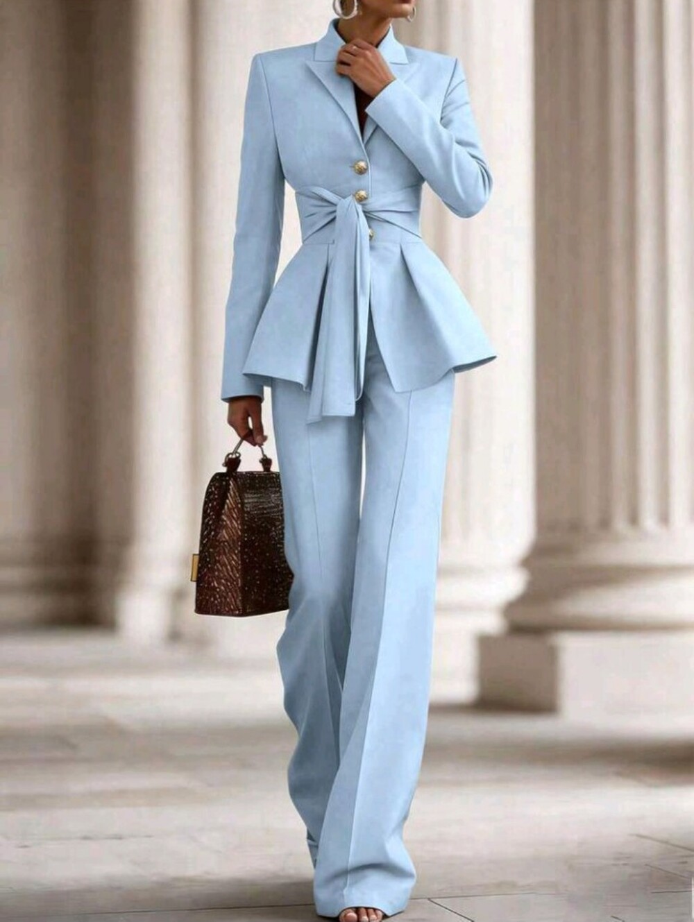 Solid Color Knotted Waist Long Sleeve Jacket And Pants Casual Suit - Picture 2 of 4